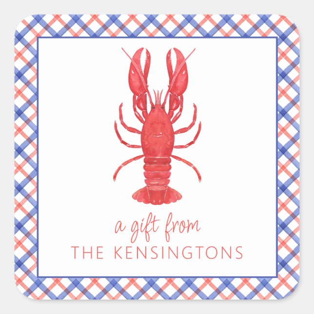 Watercolor Red & Blue Plaid Lobster Gift Square Sticker (Front)