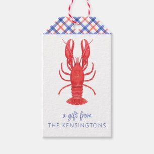 Watercolor Red & Blue Plaid Lobster Personalised Gift Tags