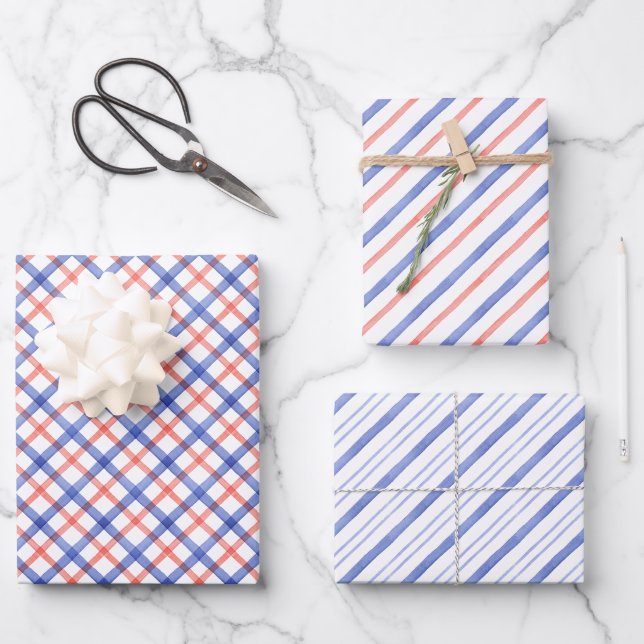 Watercolor Red & Blue Plaid Wrapping Paper Sheet (Front)