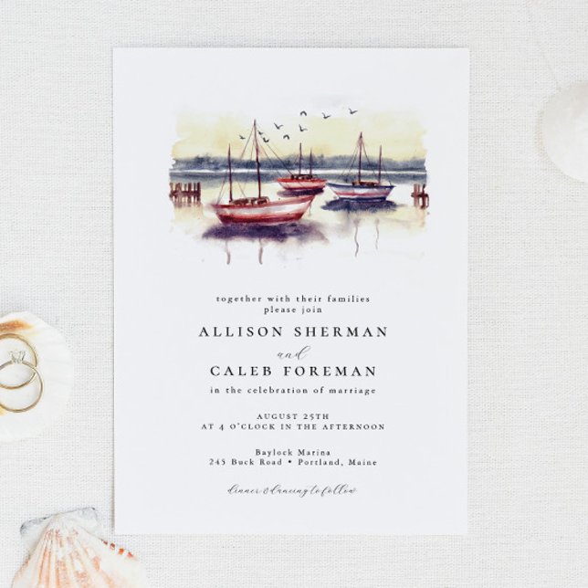Watercolor Red Blue Sailboats Harbour Ocean Weddin Invitation (Creator Uploaded)