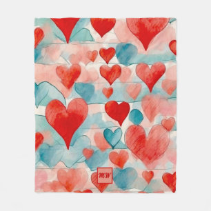 Watercolor red, blue, soft, pink hearts monogram fleece blanket