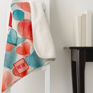 Watercolor red, blue, soft, pink hearts monogram sherpa blanket