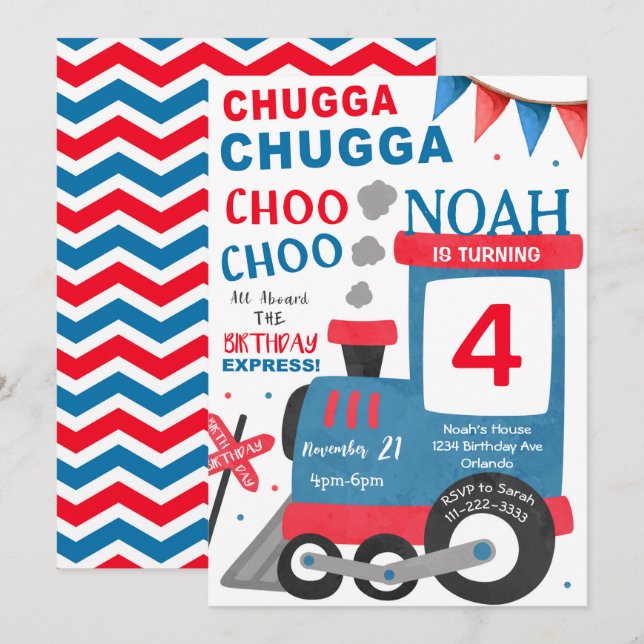 Watercolor Red Blue Train Birthday Invitation (Front/Back)