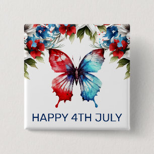 Watercolor Red, Blue & White Flowers 4th of July 15 Cm Square Badge