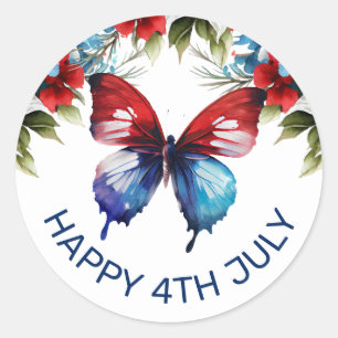 Watercolor Red, Blue & White Flowers 4th of July Classic Round Sticker