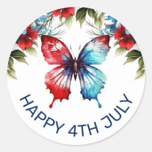 Watercolor Red, Blue & White Flowers 4th of July Classic Round Sticker