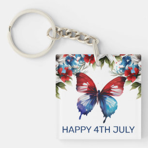 Watercolor Red, Blue & White Flowers 4th of July Key Ring