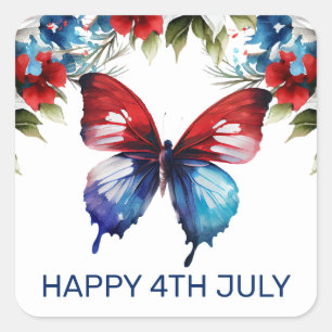 Watercolor Red, Blue & White Flowers 4th of July Square Sticker