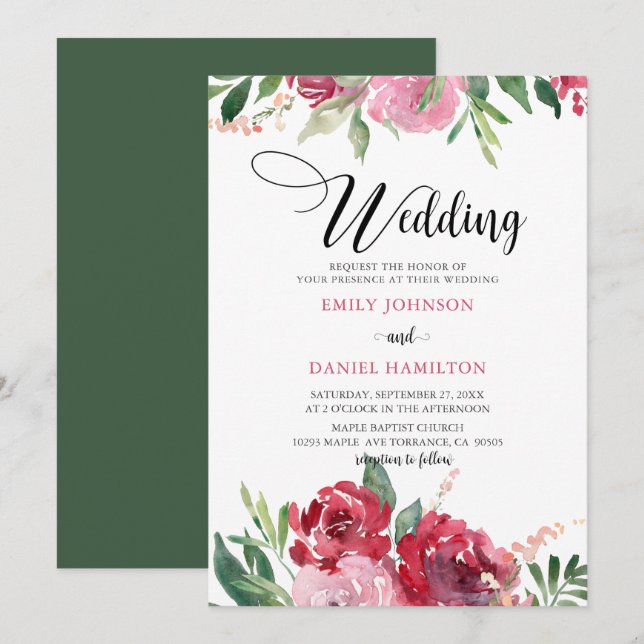 Watercolor Red Blush Pink  Green Floral Wedding Invitation (Front/Back)
