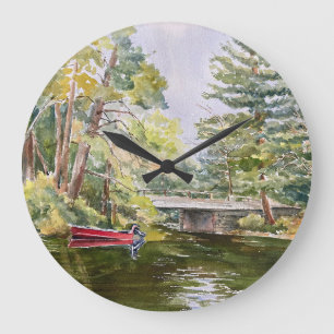 Watercolor Red Boat Fishing Lake Wall Clock