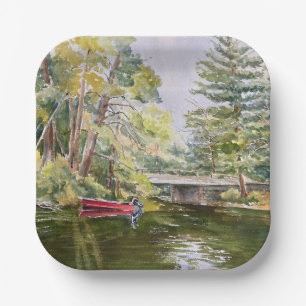Watercolor Red Boat Mountain Lake Paper Plates