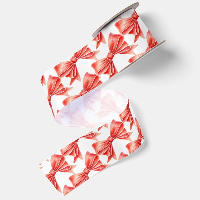 Watercolor red bow art repeat patterned satin ribbon (Front+Back)