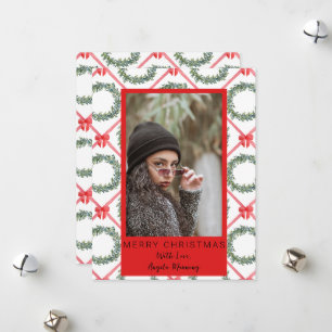 Watercolor Red Bow Boxwood Wreath Christmas Card