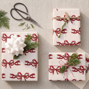 Watercolor Red Bow Christmas Holiday Gift Wrapping Paper Sheet