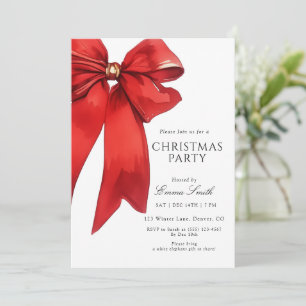 Watercolor Red Bow Christmas Party Invitation