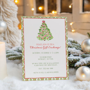 Watercolor Red Bow Christmas Tree Party Invitation