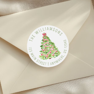 Watercolor Red Bow Christmas Tree Return Address Classic Round Sticker