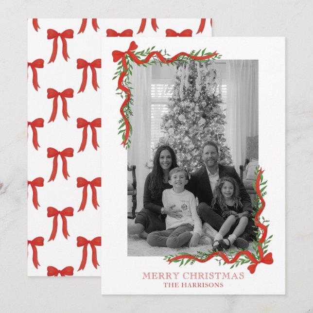Watercolor Red Bow Garland Photo Holiday Card (Front/Back)
