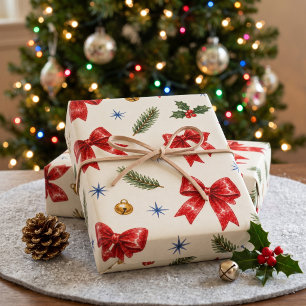 Watercolor Red Bow Golden Bells and Navy Baubles Wrapping Paper Sheet