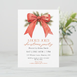 Watercolor Red Bow Holly Jolly Christmas Party Invitation