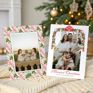 Watercolor Red Bow Magnolia Garland Swag Photo Holiday Card