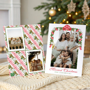Watercolor Red Bow Magnolia Garland Swag Photo Holiday Card