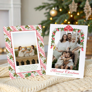 Watercolor Red Bow Magnolia Garland Swag Photo Holiday Card