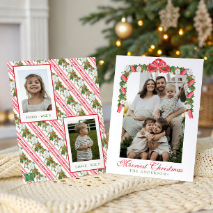 Watercolor Red Bow Magnolia Garland Swag Photo Holiday Card