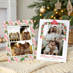 Watercolor Red Bow Magnolia Garland Swag Photo Holiday Card