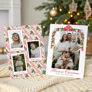 Watercolor Red Bow Magnolia Garland Swag Photo Holiday Card