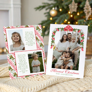 Watercolor Red Bow Magnolia Garland Swag Photo Holiday Card