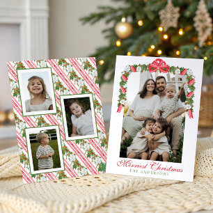 Watercolor Red Bow Magnolia Garland Swag Photo Holiday Card