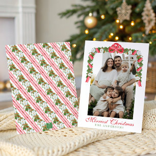 Watercolor Red Bow Magnolia Garland Swag Photo Holiday Card