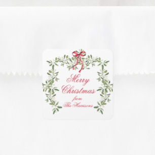 Watercolor Red Bow Mistletoe Christmas Gift Square Sticker