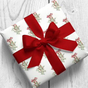 Watercolor Red Bow Mistletoe Christmas Wrapping Paper