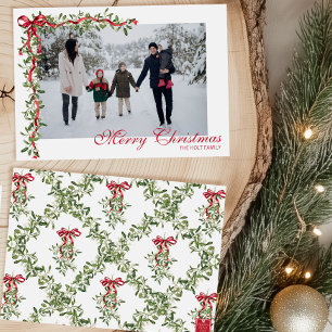 Watercolor Red Bow Mistletoe Garland Photo Holiday Card