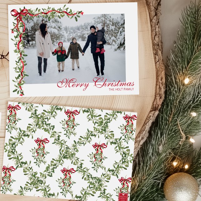Watercolor Red Bow Mistletoe Garland Photo Holiday Card (Creator Uploaded)