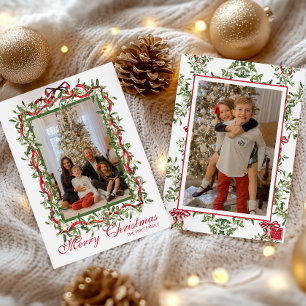 Watercolor Red Bow Mistletoe Garland Photo Holiday Card