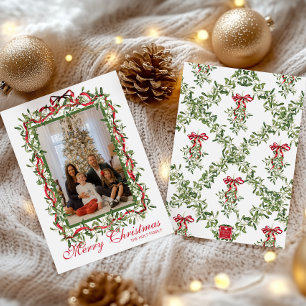 Watercolor Red Bow Mistletoe Garland Photo Holiday Card