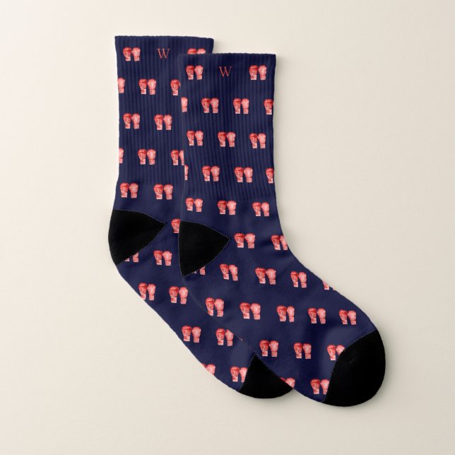 Watercolor Red Boxing Glove Monogram Initial Blue Socks (Pair)