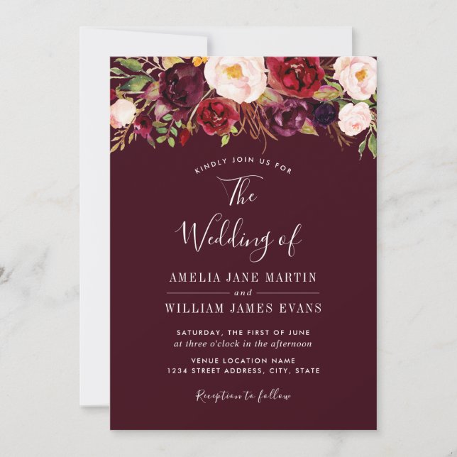 Watercolor Red Burgundy Floral Wedding Invitation (Front)
