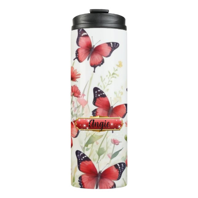  Watercolor Red Butterfly Floral Thermal Tumbler (Front)