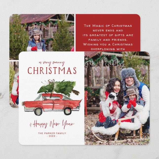 Watercolor Red Car | Christmas Holiday Photo Card (Front/Back)