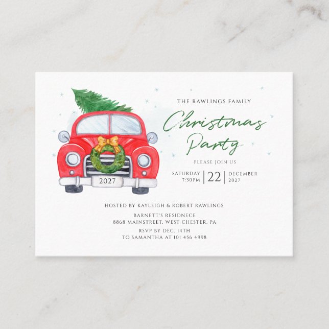 Watercolor Red Car Christmas Tree Invitation Card (Front)