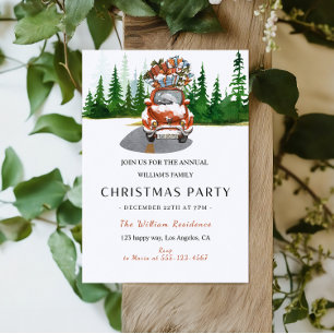 Watercolor Red Car & Gifts Christmas Party Invitation