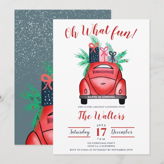 Watercolor red Car illustration Christmas party Invitation (Front/Back)