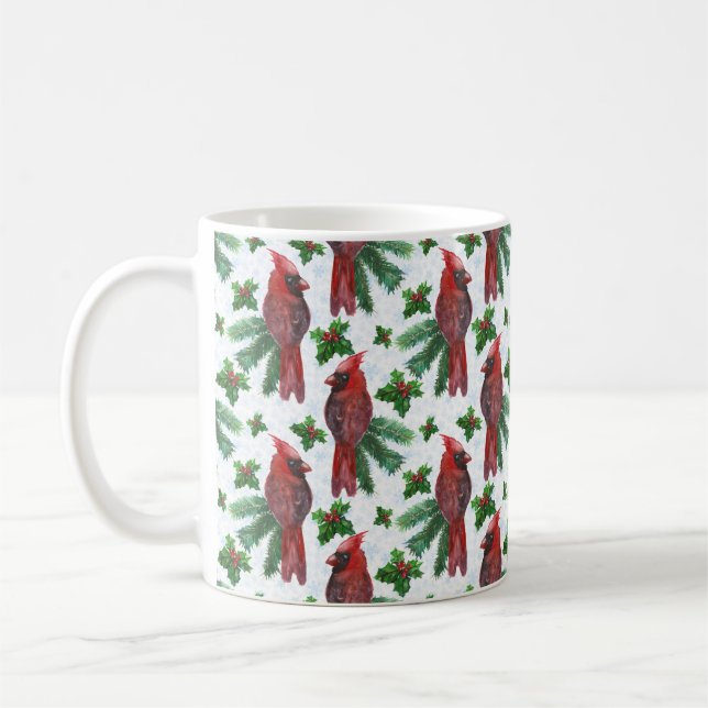 watercolor Red Cardinal Bird Coffee Mug (Left)