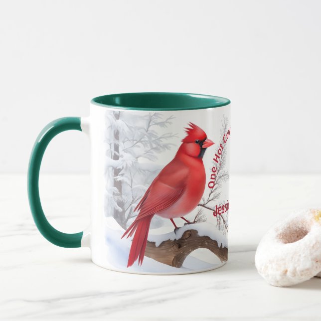 Watercolor Red Cardinal Bird Custom Name & Text on Mug (With Donut)