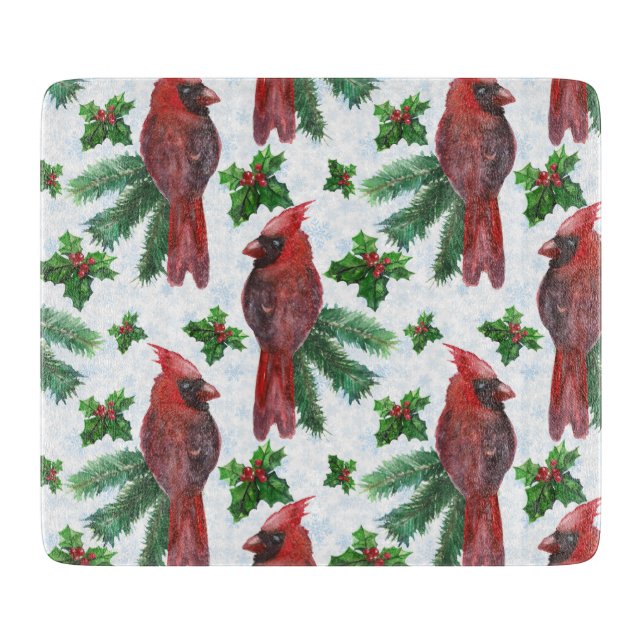 watercolor Red Cardinal Bird Cutting Board (Front)