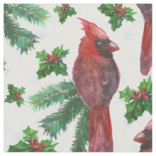 watercolor Red Cardinal Bird Fabric (Close Up)